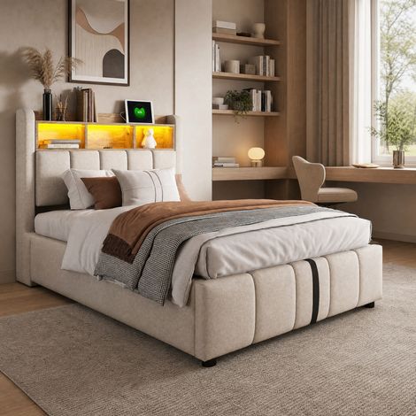 Letto singolo 90x200 cm in lino beige, con LED e contenitore per camera, senza materasso - FLORAGRACE (1/5)