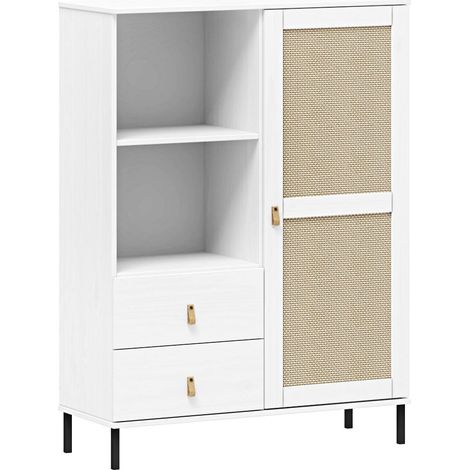 Highboard 100 cm breit in Kiefer massiv weiß mit Kunststoffgeflecht, WATFORD-69 (1/5)