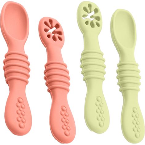 Lot de 2 cuillères d'apprentissage adhésives en silicone pour enfants - Rose + Cyan