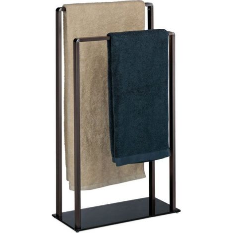 Porte-Serviettes Sur Pied - Double Barres Métal Verre - Salle De Bain Cuisine Toilettes Chambre - 80 x 45 x 20 cm - Noir Bronze (1/5)