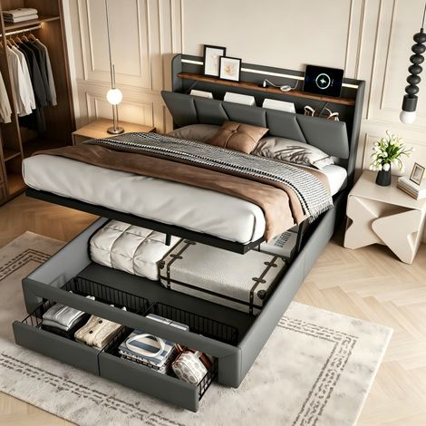 Lit Double pour Adultes 160x200 avec LED, Lit rangement en hydraulique avec 2 tiroirs, tête de lit coffre en lin, avec USB et type c, Gris, sans matelas, MDF, barres d'arrêt antidérapantes (1/5)