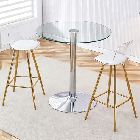 Barset mit rundem Glastisch 89 cm und 2 Barhockern mit goldfarbenen Beinen (1/5)