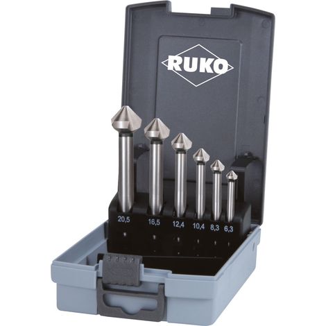 RUKO Kegel- und Entgratsenker-Satz DIN 335 Form C 90° HSS mit langem Zylinderschaft in ABS-Kunststoffkassette - 6 tlg. - 102158RO (1/2)