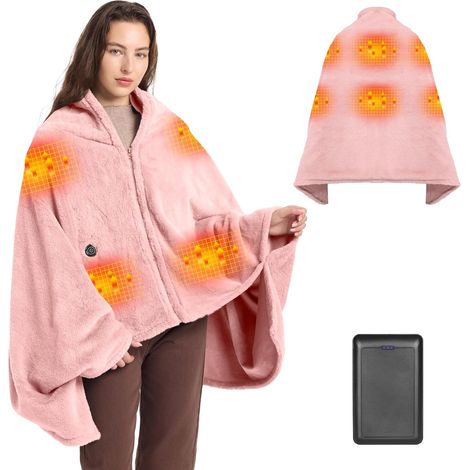 Couverture Chauffante Sans Fil 160x90cm - Plaid Électrique en Flanelle avec 16000mAh Batterie, 3 Niveaux de Chaleur, Chauffage Rapide Poncho pour Canapé, Bureau, Camping, Voiture(Rose) (1/5)
