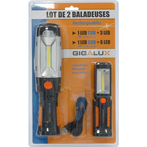 Baladeuse de chantier LED 280 lumens – Rechargeable, support magnétique – Autonomie 4-24h, corps ABS résistant – Blister de 2 pcs – Gigalux