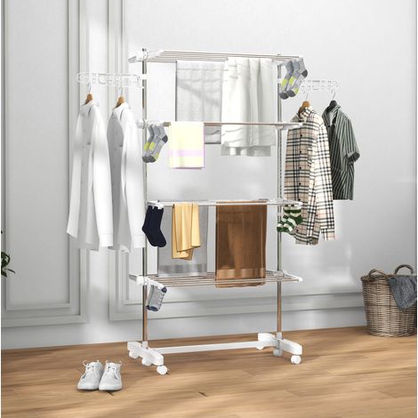 Stendibiancheria pieghevole 142x55x172 cm bianco in plastica con ruote, 4 livelli e ali laterali (1/5)