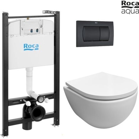 Bastidor empotrado ROCA Active cisterna empotrada y pulsador PVC negro mate con inodoro suspendido SWISS blanco brillo Soft-Close (1/4)