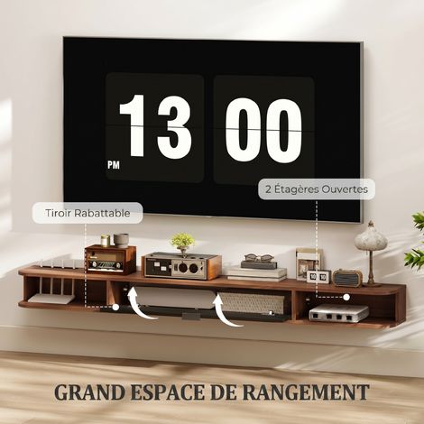 Meuble TV Suspendu, Meuble Télé pour Téléviseur jusqu'à 75 Pouces, Tiroir Rabattable, 2 Étagères, 180x24x16cm, Noyer (1/5)