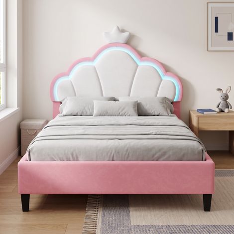 Lit enfant simple 140x190 cm avec éclairage LED, tête de lit réglable et sommier, lit capitonné en velours, style princesse, Rose et Blanc (1/5)