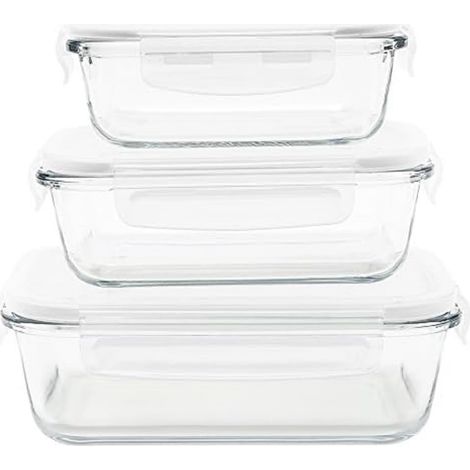 Set de 3 boites de Conservation en Verre rectangulaires - 400 ML, 650 ML et 1L - pour Cuire, Conserver, Transporter et Réchauffer - 100% Hermétique (1/5)