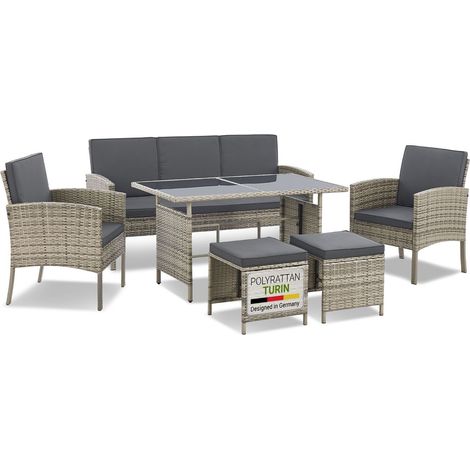 Juskys Polyrattan Gartenmöbel Sitzgruppe Turin Set 6 teilig - 7 Personen - Outdoor Möbel mit Sessel, Hocker, Tisch & Kissen - Garten Loungemöbel grau-meliert (1/5)
