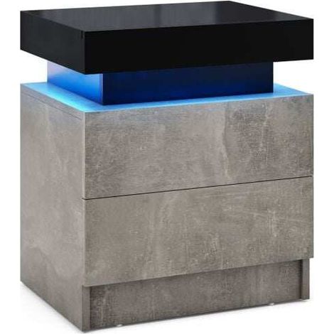 Table de chevet design noir et gris faux marbre avec 2 tiroirs et éclairage LED à télécommande pour chambre et salon (1/5)
