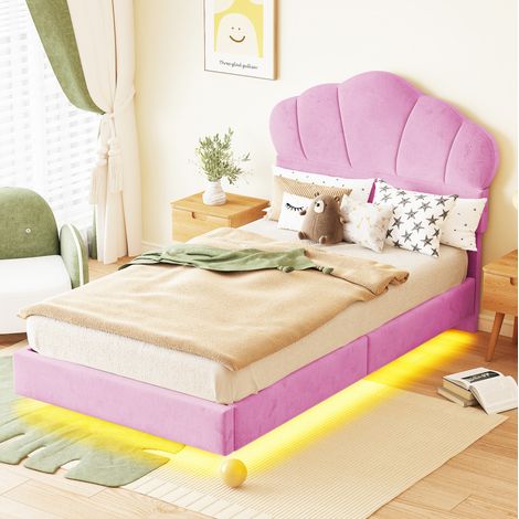 Lit capitonné 90x200 cm rose, effet flottant, tête de lit nuage, LED, sans matelas (1/5)