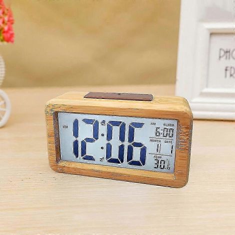 Réveil en bois avec thermomètre, calendrier, fonction snooze et conception étanche - Finition bambou (1/5)