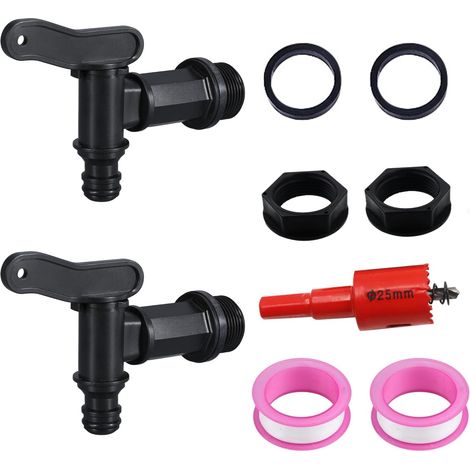 Lot de 2 robinets de citerne d'eau de pluie - En plastique - Avec joint d'étanchéité - Pour réservoir d'eau de pluie de jardin (1/5)