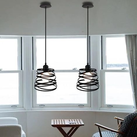 U-DO 2Pcs Lustre Rétro Suspension Filaire Cage en Fer Industriel Noir E27 40W pour Chambre Salon Cuisine (1/4)