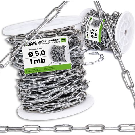 Chaîne technique commerciale D2, diamètre 5,0 mm, galvanisée résistante, vendue au mètre (1 mètre).