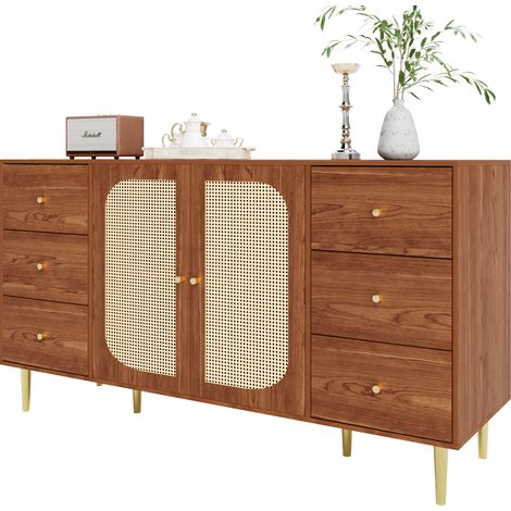 Aparador con 6 Cajones y 2 Puertas de Ratán, Estilo Moderno, en MDF, Color Madera, 160×40×90 cm (1/5)
