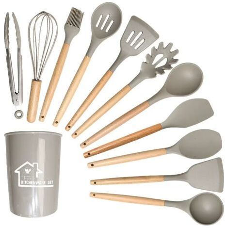 12 Piece Silicone Kitchen Utensil Set, Cooking Utensils with Utensil Holder, Non-Stick Cooking Utensil Set with Wooden Handles, Washable Kitchen Accessories (1/4)