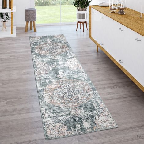 Paco Home Teppich Wohnzimmer Kurzflor Vintage Moderne Orient Optik Abstrakt Grau Grün 80x150 cm