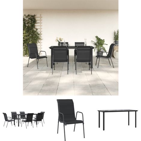 Terrassenmöbel - vidaXL 7-tlg. Garten-Essgruppe Schwarz Stahl und Textilene - Gartenmöbel Schwarz (1/5)
