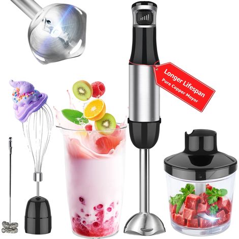 Mixeur plongeant portable, 5 réglages de vitesse, design en acier inoxydable, noir, Prise EU, 5 en 1 (1/5)