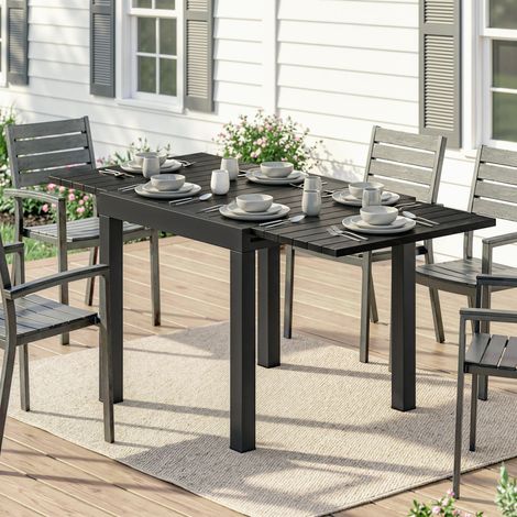 Table de Jardin Extensible 4-6 Personnes, Plateau en Lames Aluminium, 80/160x80x75 cm, Noir (1/5)