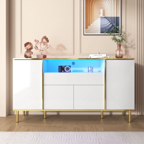 Sideboard 150 x 40 x 80 cm – 1 Schublade & 4 Türen – LED-Beleuchtung – luxuriöse Goldakzente – Hochglanzweiß (1/5)