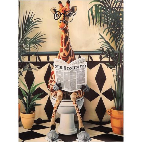 2PCS Girafe Sur les Toilettes, Tableau Salle de Bain Humour 30x40cm, Affiche Toile Imperméable Impression Haute Définition Sans Cadre (1/5)