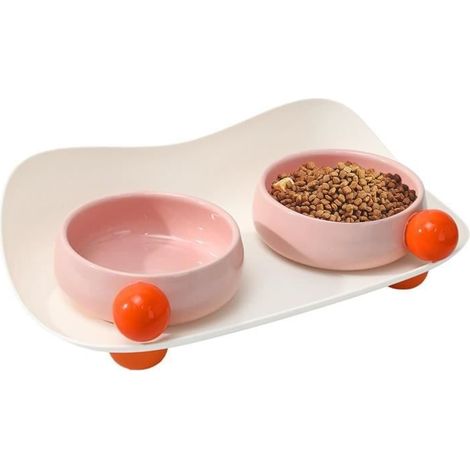 Double Gamelle en Céramique - Bol Anti Éclaboussure - Pour Chien et Chat - 300 ml - Antidérapant - Rose (1/4)