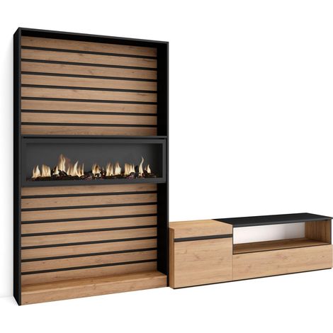 Skraut Home - Muebles de Salón para TV, Conjunto de muebles comedor, 260x186x35cm, Para TV hasta 65", Chimenea eléctrica, Estilo Moderno, Roble y negro (1/5)
