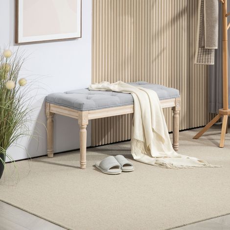 Banc capitonné de pied de lit en lin synthétique gris clair, pieds en bois, assise rembourrée, style vintage (1/5)