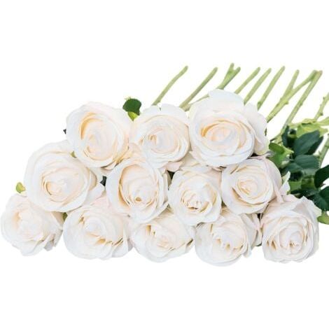 Lot de 12 Roses artificielles en Soie (Blanc) pour décoration d'intérieur, de fête de Mariage (1/5)