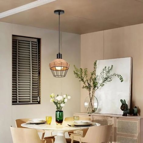 Lustre Suspension Vintage - - Design Retro - Bambou et Métal - Noir - E27 60W (1/5)