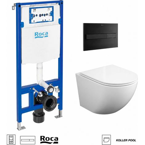 Pack WC Bastidor ROCA Duplo One con Cisterna Empotrada, Pulsador PL7 Negro Mate y WC Suspendido Round Smart 52 cm Blanco Brillo Soft-Close de Koller Pool
