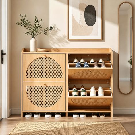 Scarpiera 120x24x90 cm, 8 scomparti, 2 ganci, vano inferiore aperto, MDF, naturale (1/5)