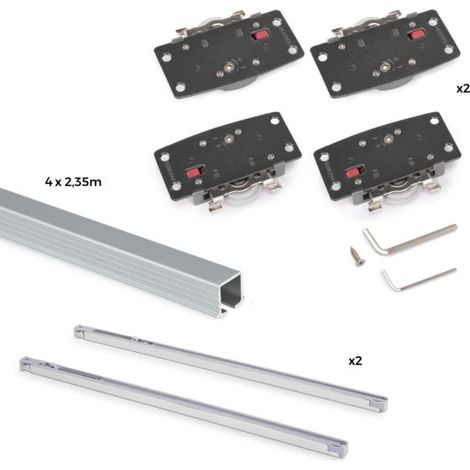 Emuca Kit de herrajes para armario 2 puertas correderas y cierre suave Flow2 con carriles encastrados 2.35m, tableros no incluidos, Anodizado mate - (1/5)
