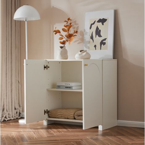 Buffet 2 portes 80 x 40 x 80 cm avec sécurité anti-basculement, blanc, poignées dorées HAVRYA (1/5)
