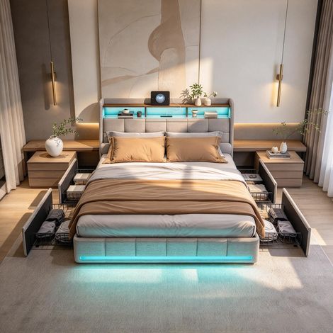 FOERPL-Doppelbett 160x200 mit 4 Schubladen und Stauraum, Bett mit Stauraum 160x200 mit LED-Beleuchtung und USB-Anschluss, Polsterbett 160x200 mit Lattenrost und Kopfteil, Bettgestell für 2 Personen (1/5)