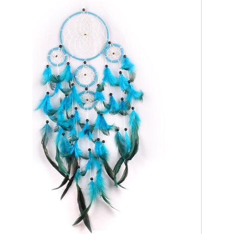 Attrape-rêves, carillon éolien, filet attrape-rêves fait main avec plumes, décoration murale (bleu)