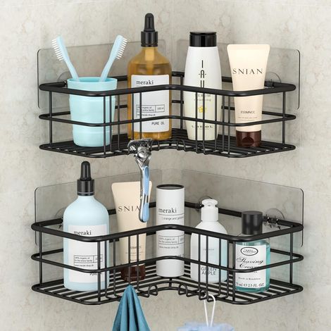 Lot de 2 étagères de douche d'angle, étagère de bain adhésive avec crochets, en acier inoxydable 304 résistant à la rouille pour accessoires de baignoire, étagère de rangement pour shampooing (1/5)
