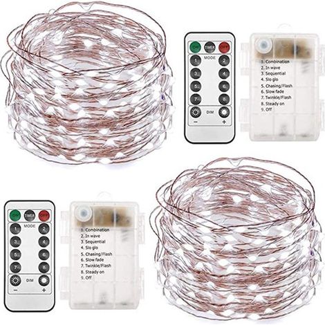 Juego de 2 guirnaldas de luces LED a pilas，10 m，100 LED，con mando a distancia，8 modos de iluminación，resistente al agua IP20，Morado oscuro (1/5)