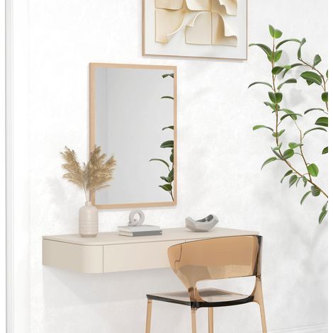 Miroir mural rectangulaire 50 x 70 cm avec 4 crochets, cadre MDF couleur bois naturel (1/5)