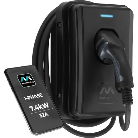 Masterplug Caricatore EV da Parete per Veicoli Elettrici e Ibridi Plug-in di Tipo 2, con Cavo Fisso da 5m, Modo 3, Controllo Tramite App, Ricarica Solare, Monofase, Nero, IP65, 7,4 kW 32A EVCM3ST7B/EU (1/5)