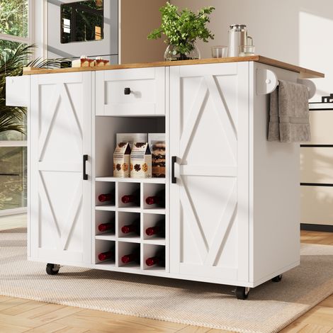 Isla de cocina 137.5x40x95.6 cm blanca en MDF con tablero abatible y ruedas (1/5)