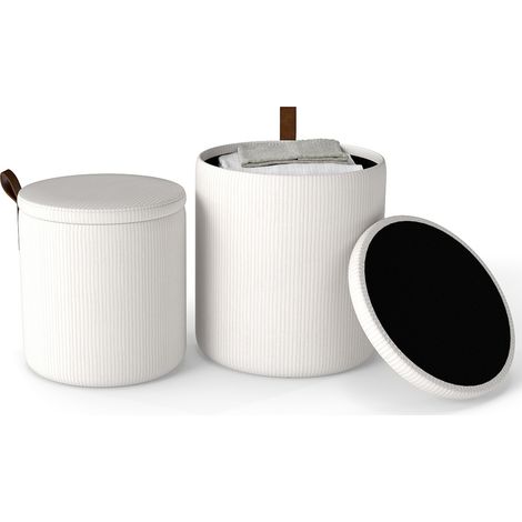 COSTWAY Round Ottoman Set of 2 Nesting Upholstered Vanity Stools-Beige (1/5)