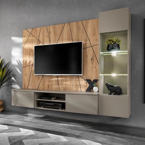 Ensemble Meuble TV Ligne "Xari" 200cm Naturel & Gris Argile (1/2)