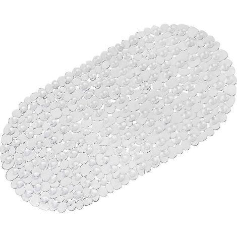 Tapis de bain antidérapant pour salle de bain, tapis de baignoire en PVC souple à effet galet givré, tapis de douche ovale en plastique antidérapant et anti-moisissure avec ventouses et bonde. (1/4)