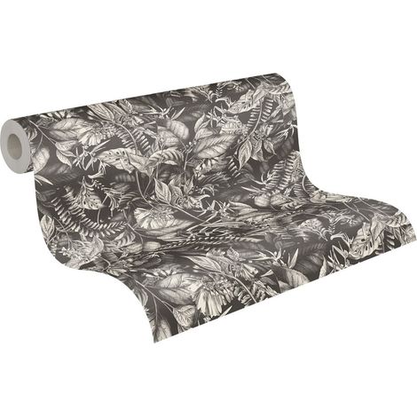 Papier peint nature plantes et fleurs Tapisserie style tropical jungle pour couloir Papier peint intissé noir, blanc gris idéal chambre (1/5)
