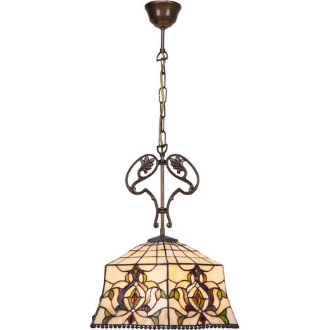 Lampe à suspension avec chaîne et ornement en fonte avec abat-jour Tiffany diamètre 40 cm Série Hexa